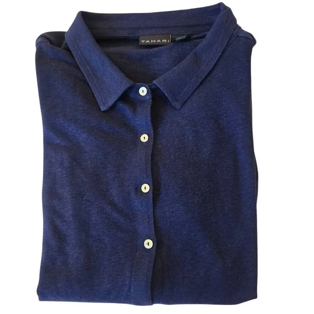Tahari Womens Linen Blend Button Front 3/4 Sleeve Blouse Top Navy Blue Size 2X - Picture 3 of 11